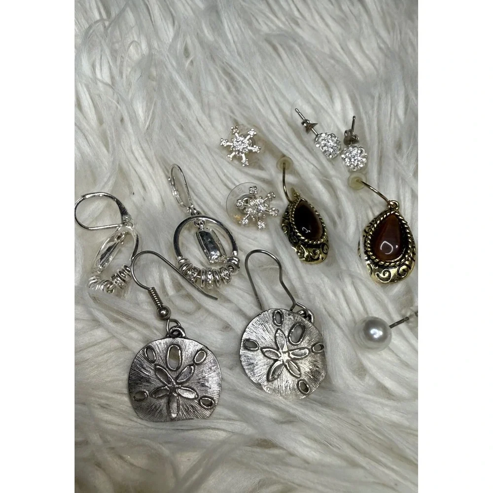 Mixed Fashion Earring Lot 7 Pairs Sand Dollar Pearl Snowflake Crystal Drops